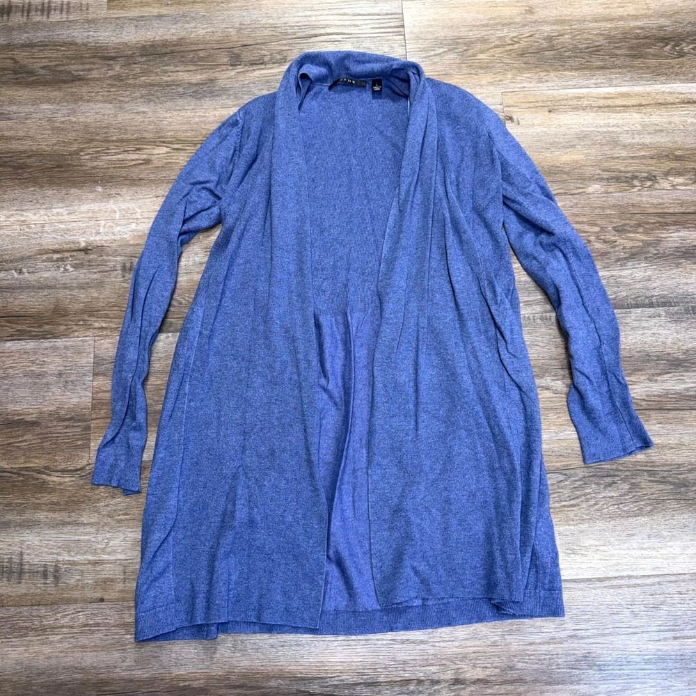 Cyrus Long Cardigan Womens Large Blue Tight Knit Open Front Duster Sweater